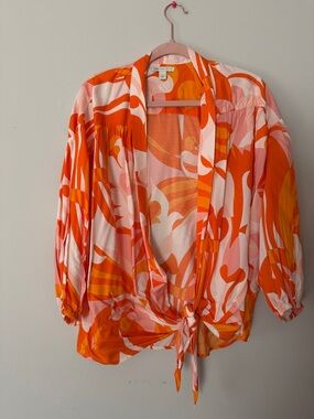 Cato Orange, Pink & Yellow Abstract Tie-Front Blouse